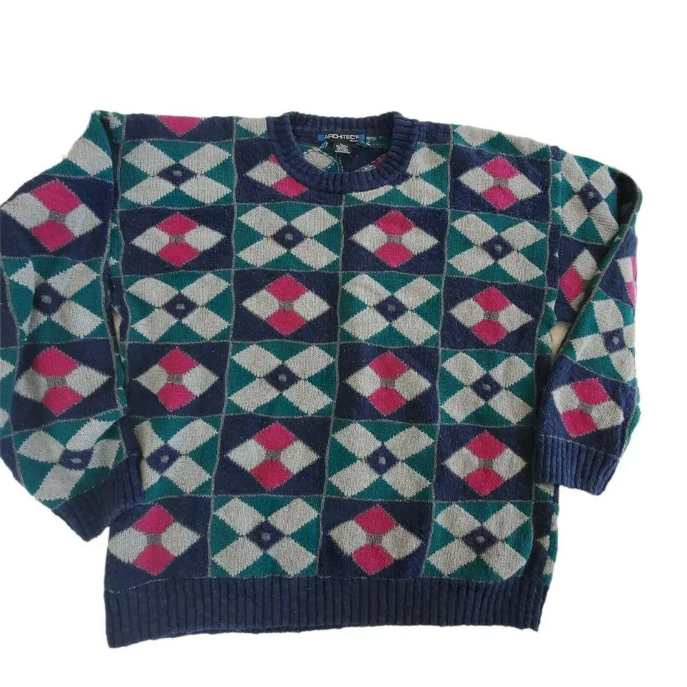 Vintage 90s Mens‎ Geometric Preppy Diamond Dad Sweater Blue Pink Ramie XL